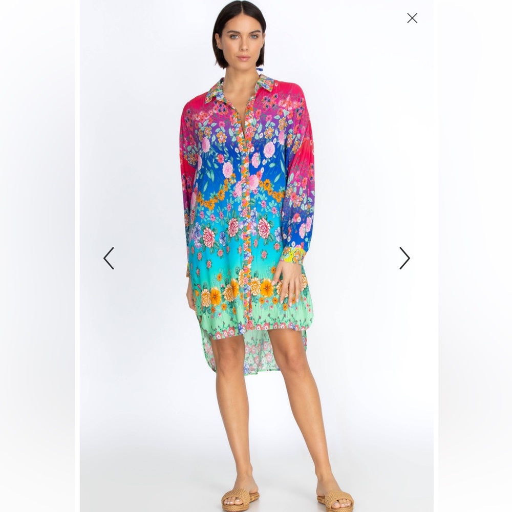 Johnny Was Fuchsia Blue Teal Floral Midi Shirt Dress
